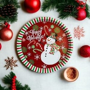 Lindy Bowman Tin Round Christmas Platter Tray Happy Holidays 12 1/4” Diameter